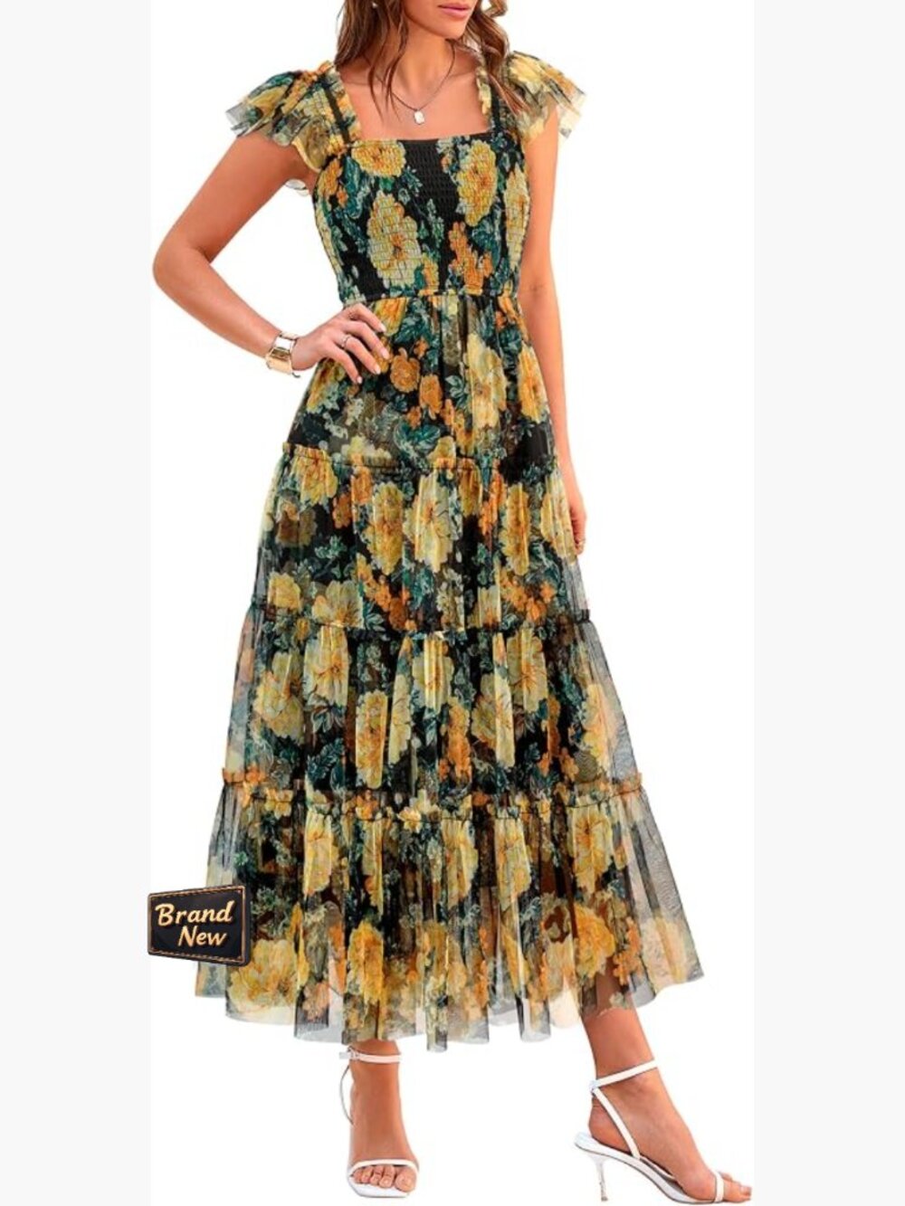 Womens Smocked Midi Tulle Dress Sleeveless Square Neck Fit Flare Summer